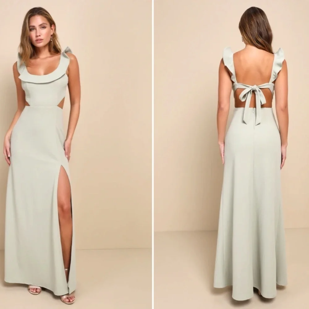 LULU's Bridesmaid Prom Wedding Sexy Open Back Sage Green Maxi Dress